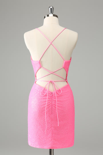 Stylish Glitter Pink Sequins Tight Halter Homecoming Dress with Lace Up Back